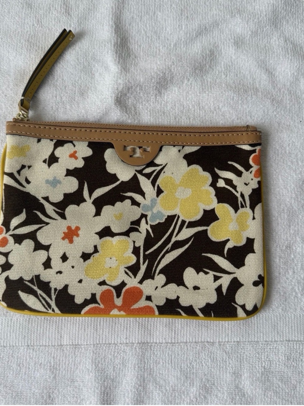 Tory Burch Floral Canvas Wristlet in Brown, Yellow and Orange